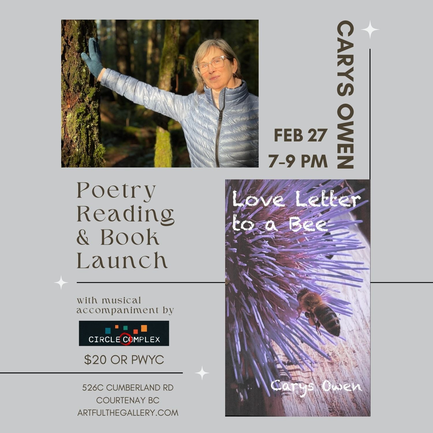 Carys Owen “Love Letter to a Bee” Poetry Reading and Book Launch with musical guests Circle Complex